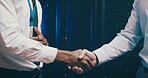 Agreement, handshake and thank you with people in server room for network administration deal. Cybersecurity, meeting and welcome with team shaking hands in data center for tech support collaboration