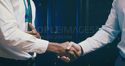 Buy stock photo Agreement, handshake and thank you with people in server room for network administration deal. Cybersecurity, meeting and welcome with team shaking hands in data center for tech support collaboration