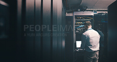 Buy stock photo Engineer, technician and laptop with man in server room for hosting database, inspection and cybersecurity. Hardware storage, cloud computing and system backup with mature person in data center