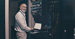 Laptop, portrait and network with man in server room for data center, technician or systems. Cybersecurity, software database and cloud computing with mature person for hardware maintenance and code