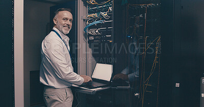 Buy stock photo Laptop, portrait and network with man in server room for data center, technician or systems. Cybersecurity, software database and cloud computing with mature person for hardware and screen mockup