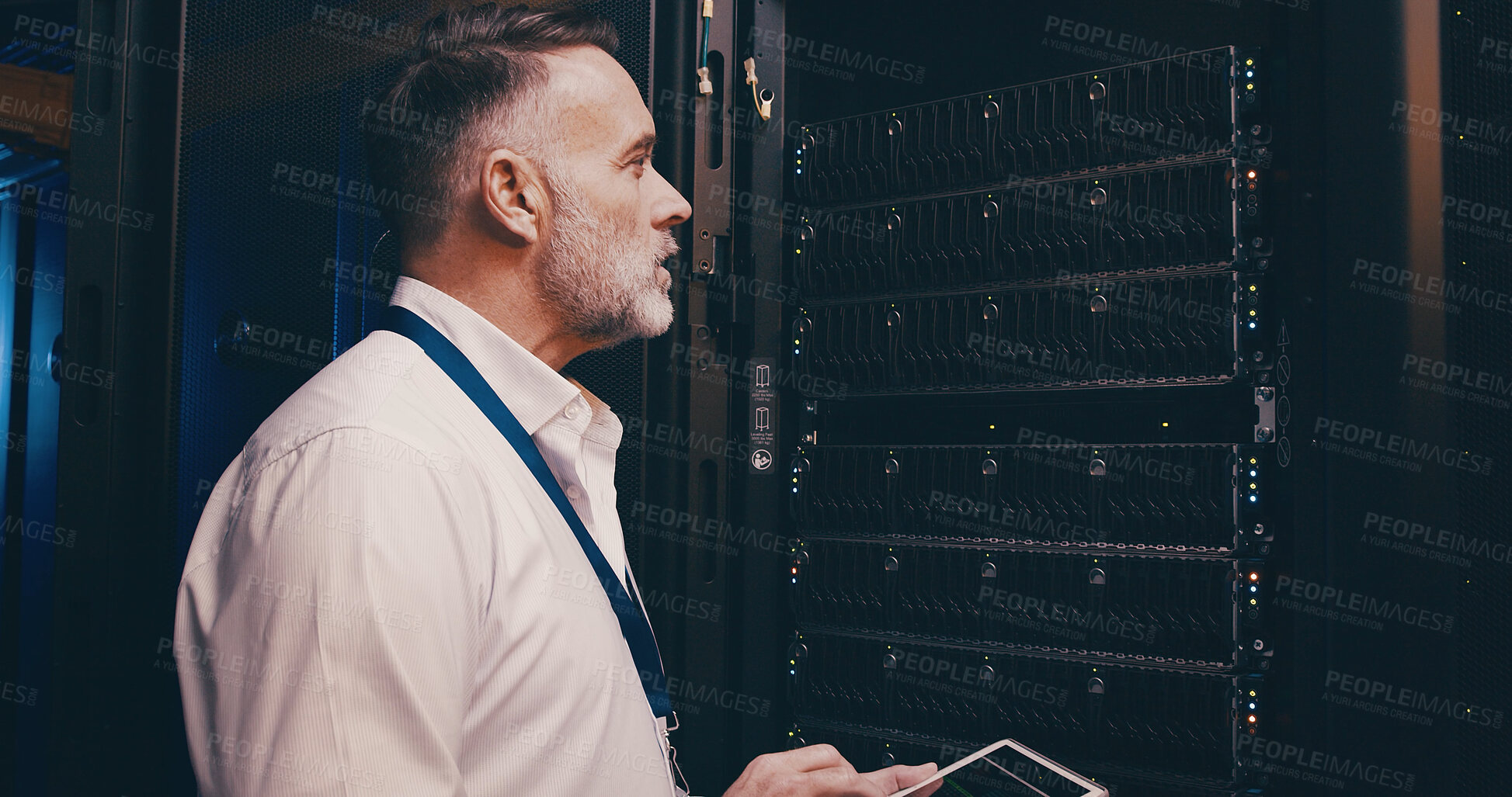 Buy stock photo Maintenance, technician and tablet with man in server room for hosting database, inspection and cybersecurity. Hardware storage, cloud computing and system backup with mature person in data center
