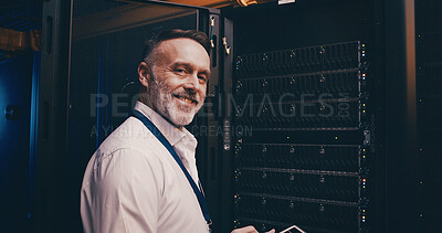 Buy stock photo Smile, portrait and cybersecurity with man in server room for data center, network or systems. It technician, software database and cloud computing with mature person for hardware maintenance