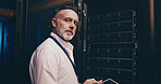 Server room, tablet and portrait of man for network maintenance, cybersecurity and diagnostics. IT technician, data center and person on digital tech for technical service,  database and check system