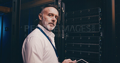 Buy stock photo Server room, tablet and portrait of man for network maintenance, cybersecurity and diagnostics. IT technician, data center and person on digital tech for technical service,  database and check system