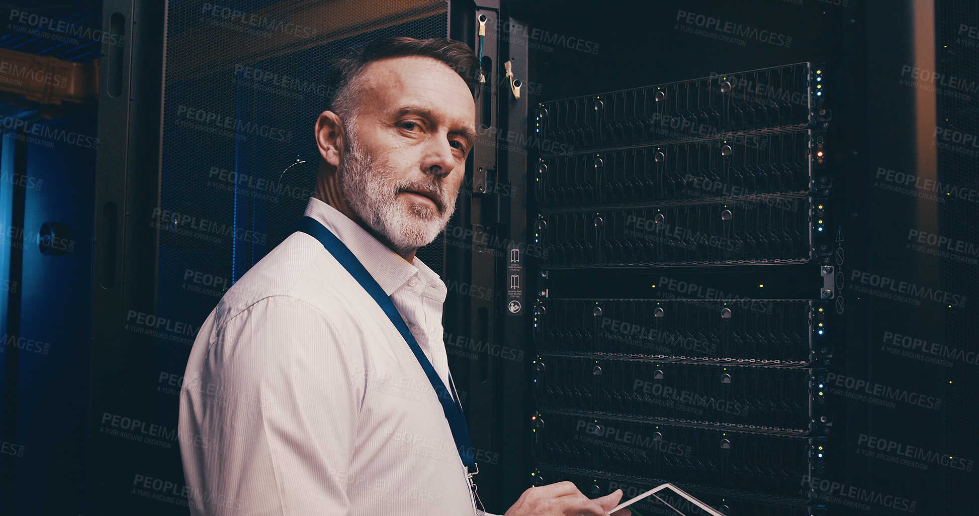 Buy stock photo Server room, tablet and portrait of man for network maintenance, cybersecurity and diagnostics. IT technician, data center and person on digital tech for technical service,  database and check system