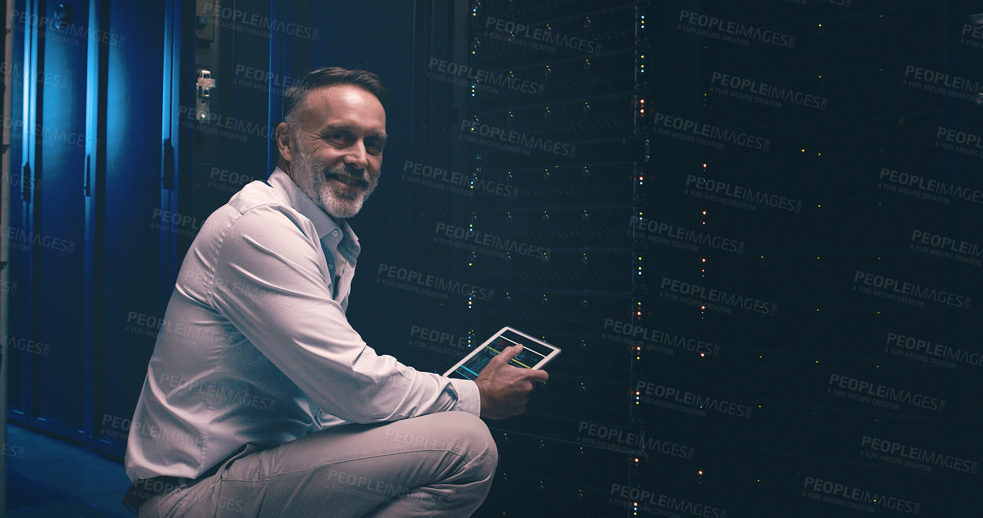 Buy stock photo Tablet, portrait and technician or man in server room for cyber security, software update and database system. Programmer, developer and cybersecurity with mature person in data center as engineer
