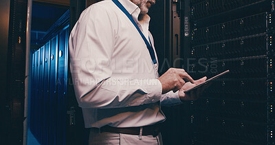 Buy stock photo Technician, hands or employee with tablet in server room to install software, system setup and update. Data center, mature man and tech for network maintenance, problem solving and technical solution