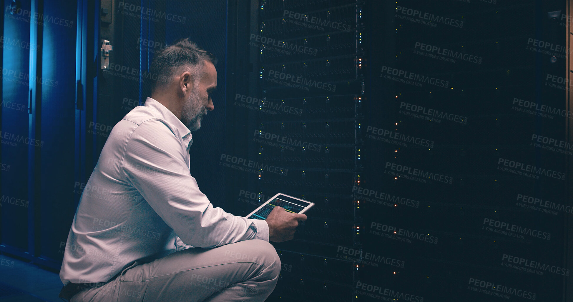 Buy stock photo Tablet, developer and technician or man in server room for cyber security, software update and database system. Programmer, maintenance and cybersecurity with mature person in data center as engineer