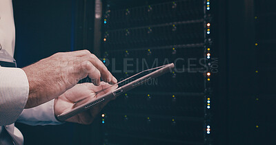 Buy stock photo Technician, hands or man with tablet in server room to install hardware, system backup and update. Data center, person and digital app for network maintenance, GDPR compliance and technical solution