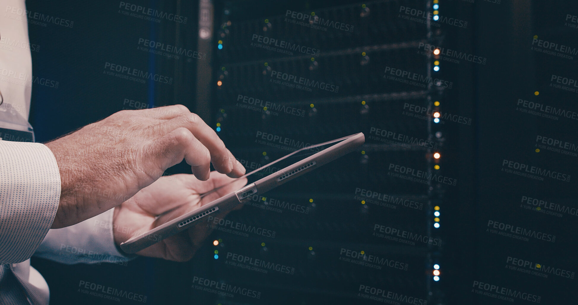 Buy stock photo Technician, hands or man with tablet in server room to install hardware, system backup and update. Data center, person and digital app for network maintenance, GDPR compliance and technical solution