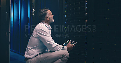 Buy stock photo Tablet, inspection and technician or man in server room for cyber security, software update or database system. Programmer, maintenance and cybersecurity with mature person in data center as engineer