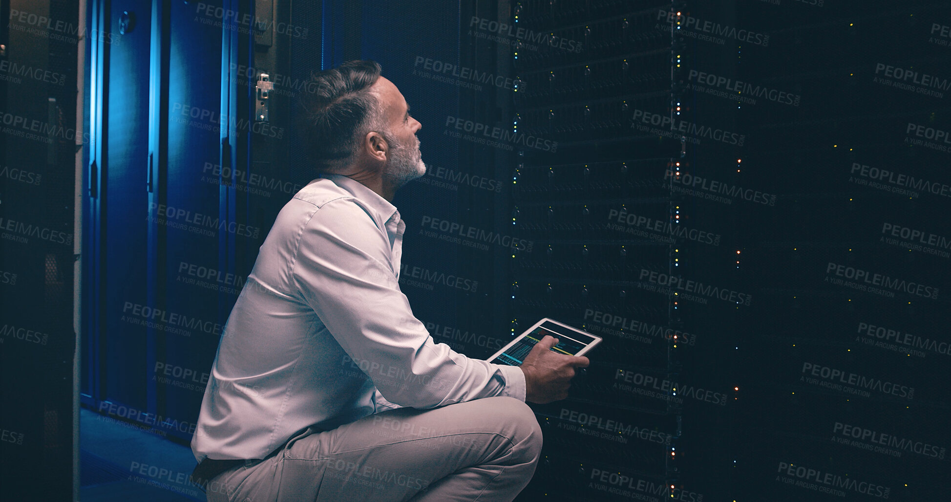 Buy stock photo Tablet, inspection and technician or man in server room for cyber security, software update or database system. Programmer, maintenance and cybersecurity with mature person in data center as engineer