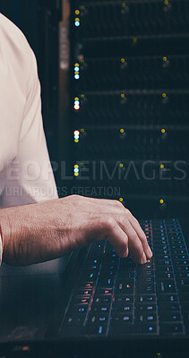 Buy stock photo Data center, technician and hands with keyboard, typing and network engineering with laptop and web. Server room, electrician and person with tech for software upgrade, troubleshooting and online