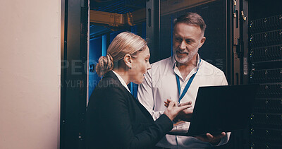 Buy stock photo Laptop, discussion and people with in server room for technical support, database or cybersecurity. Computer, teamwork and technicians with system upgrade in data center for network programming.