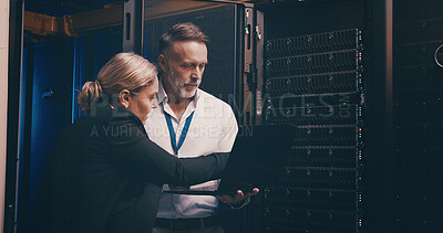 Buy stock photo Laptop, collaboration and people with in control room for technical support, database or cybersecurity. Computer, teamwork and technicians with system upgrade in data center for network programming.
