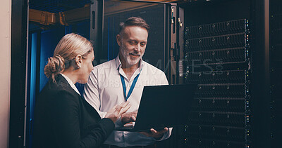 Buy stock photo Laptop, collaboration and people with in server room for technical support, database or cybersecurity. Computer, teamwork and technicians with system upgrade in data center for network programming.