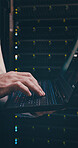 Server room, engineer and hands with laptop, coding or network engineering with keyboard and online. Data center, technician and person with tech for software upgrade, troubleshooting and programming