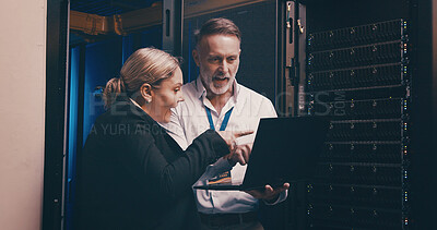 Buy stock photo Laptop, talking and people with in server room for technical support, database or cybersecurity. Computer, teamwork and technicians with system upgrade in data center for network programming.