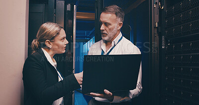 Buy stock photo Laptop, discussion and people with in control room for technical support, database or cybersecurity. Computer, teamwork and technicians with system upgrade in data center for network programming.