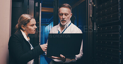 Buy stock photo Laptop, professional and team of engineers in server room for technical support, database or cybersecurity. Computer, talking and people with system upgrade in data center for network programming.