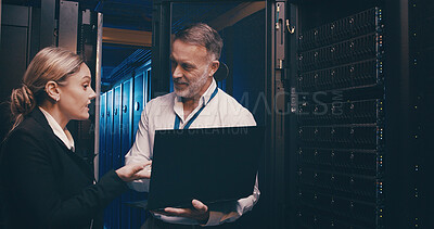Buy stock photo Server room, online and people on laptop for network maintenance, IT support and database. Talking, technician team and man with woman on computer for diagnostics, system update and cybersecurity