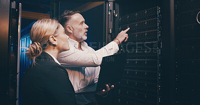 Buy stock photo Technician, team or laptop with inspection in server room for remote access, diagnostics or solution. Data center, people and manager pointing to database for network backup and performance monitor