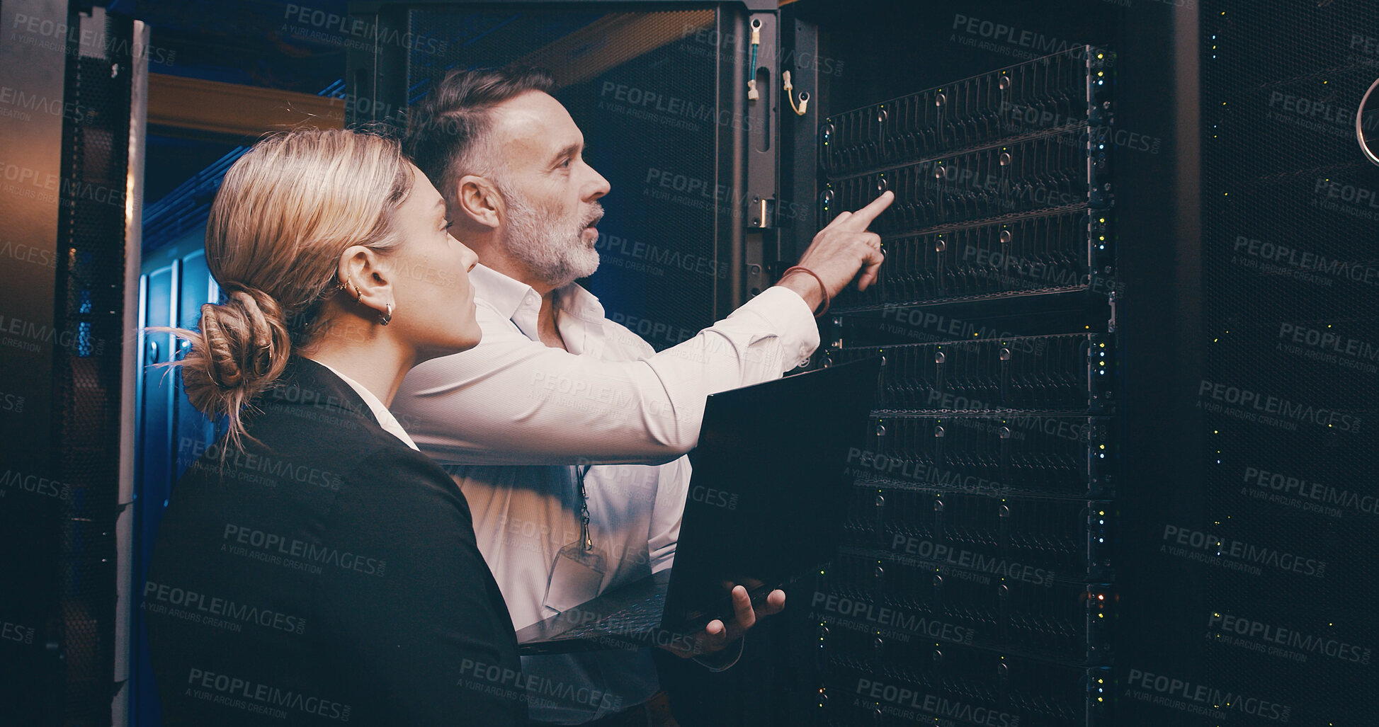 Buy stock photo Technician, team or laptop with inspection in server room for remote access, diagnostics or solution. Data center, people and manager pointing to database for network backup and performance monitor