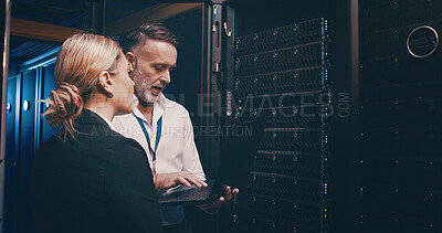 Buy stock photo Collaboration, laptop and storage with people in server room together for network administration. Computer, cybersecurity and upgrade with tech support team in data center for firewall installation