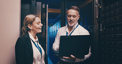 Buy stock photo Collaboration, cybersecurity and laptop with people in server room together for network administration. Computer, storage and upgrade with tech support team in data center for firewall installation