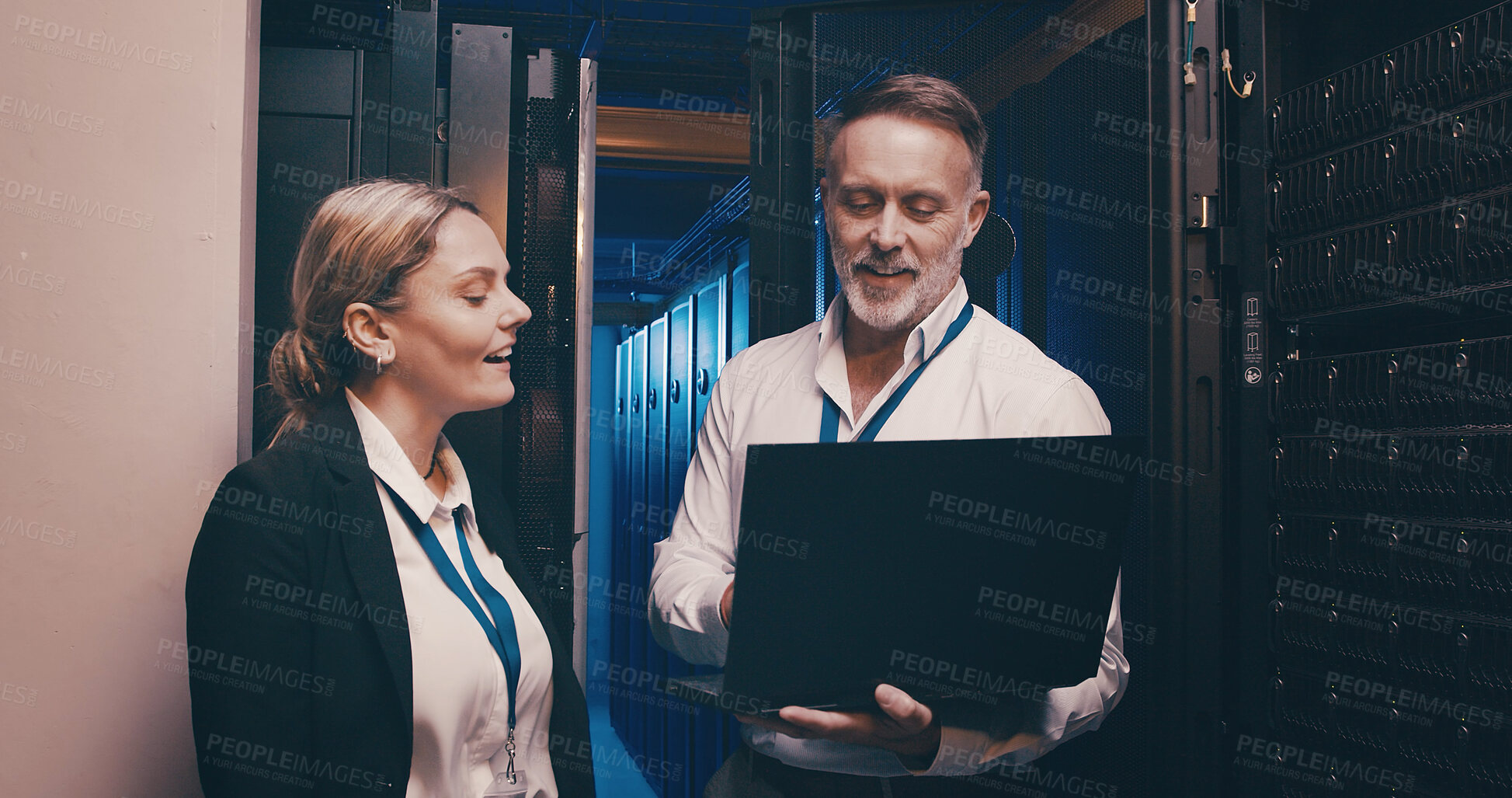 Buy stock photo Collaboration, cybersecurity and laptop with people in server room together for network administration. Computer, storage and upgrade with tech support team in data center for firewall installation