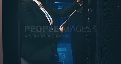 Buy stock photo Technician, hands and woman with tablet in server room to install software, system backup or update. Data center, employee and digital app for hardware inspection, technical solution and maintenance