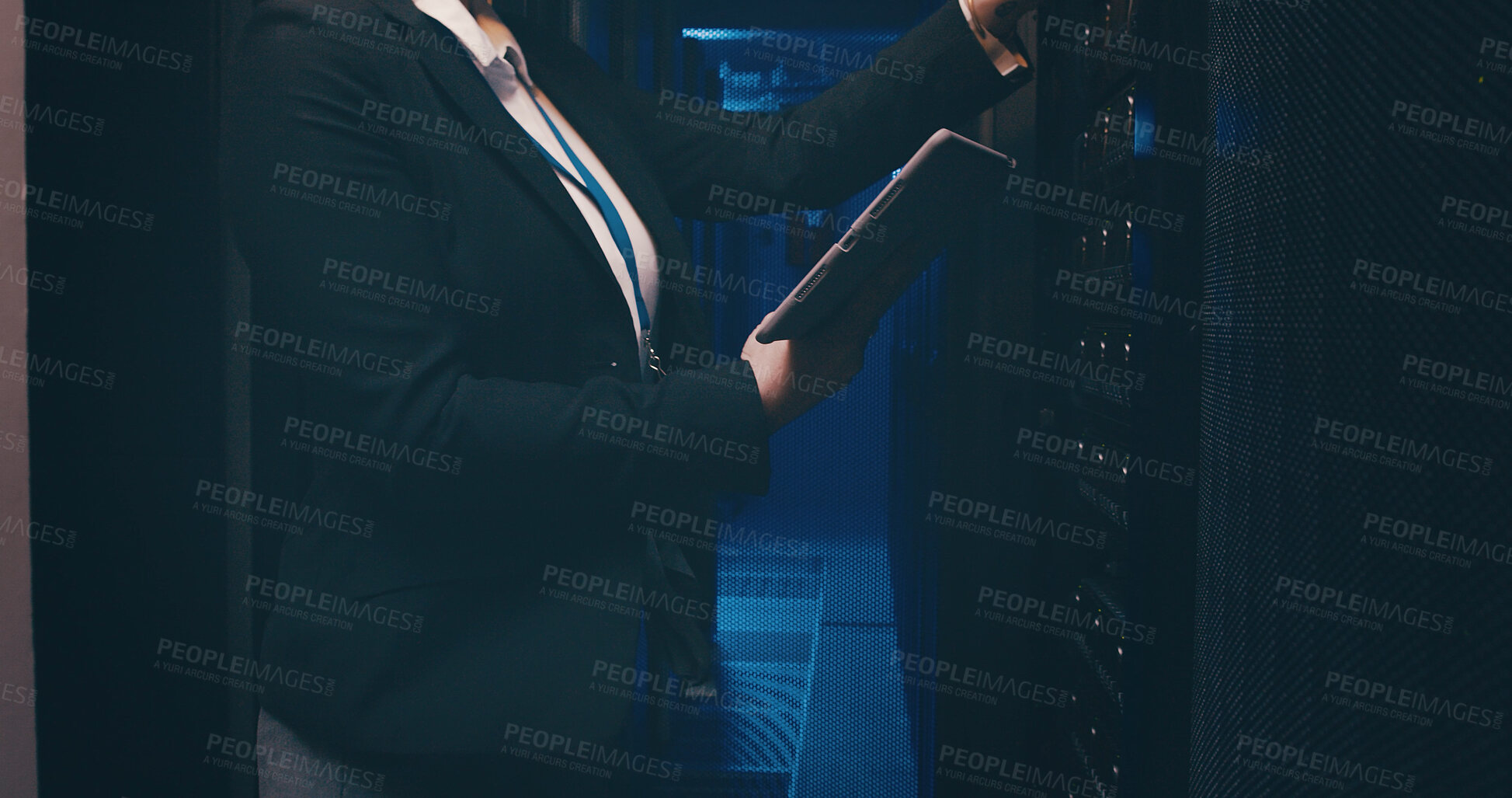 Buy stock photo Technician, hands and woman with tablet in server room to install software, system backup or update. Data center, employee and digital app for hardware inspection, technical solution and maintenance