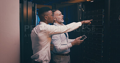 Buy stock photo Engineer, team or tablet with pointing in server room for software upgrade, solution and IT support. People, digital app and inspection at data center for network backup, GDPR and hardware management