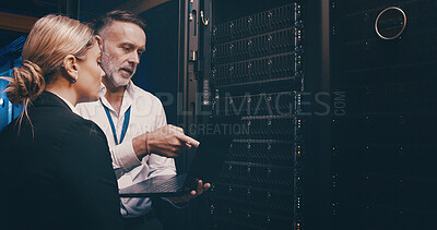 Buy stock photo Cybersecurity, laptop and upgrade with people in server room together for network administration. Collaboration, computer and storage with tech support team in data center for firewall installation