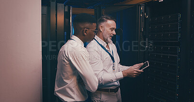 Buy stock photo Men, tablet and discussion in server room with inspection, review and system maintenance report with mentor. People, tech and talk with application, assessment and programming with cybersecurity team