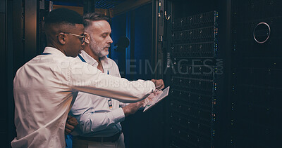 Buy stock photo Men, tablet and talk in server room with maintenance, review or report with mentor for system inspection. People, tech and point with application, solution or programming with cybersecurity team
