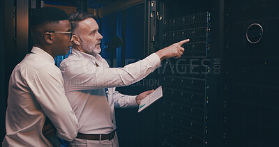 Buy stock photo Engineer, people or tablet with inspection in server room for maintenance, backup solution or GDPR. Graphs, team or point to system space for troubleshooting, screen or testing network in data center