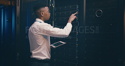 Buy stock photo Administration, cybersecurity and tablet with black man in server room for network maintenance. App, firewall and mainframe with tech support employee in data center for backup, storage or update