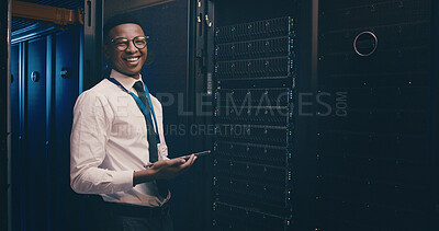 Buy stock photo Portrait, engineer and man with tablet, server room or happy for network engineering or programming. Data center, IT specialist and black person with smile for information technology and maintenance