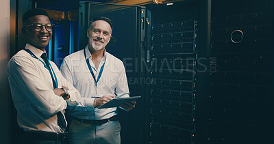 Buy stock photo Portrait, tablet and men in server room, cyber security and teamwork with engineering. IT specialist, people or employees with tech, data center or hardware upgrade with system solution or inspection