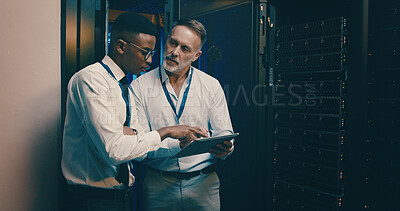 Buy stock photo Server room, talking and people on tablet for IT support, database backup and cybersecurity. Meeting, hardware and workers on digital tech for system maintenance, diagnostics and technical service