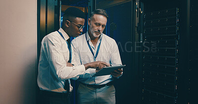 Buy stock photo Server room, team and people on tablet for IT support, database backup and cybersecurity. Meeting, hardware and workers on digital tech for system maintenance, diagnostics test and technical service