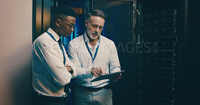 Buy stock photo Men, tablet and talk in server room with inspection, review and system maintenance report with mentor. People, tech and discussion with application, feedback and programming with cybersecurity team
