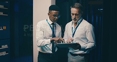 Buy stock photo Talking, inspection and men in server room on tablet for network solution, IT support and cybersecurity. Manager, discussion and people on digital tech for database, programming and hardware update
