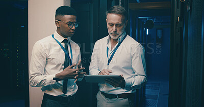 Buy stock photo Talking, server room and men on tablet for network solution, IT support and cybersecurity. Collaboration, technician team and people on digital tech for database, programming and hardware update