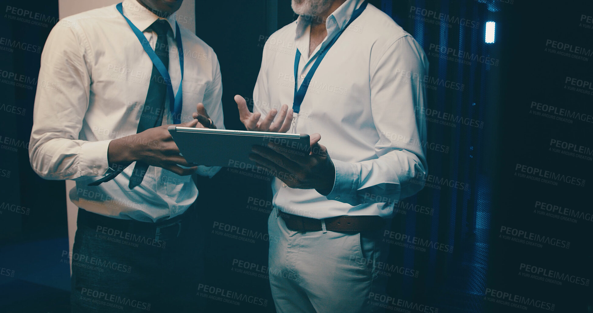 Buy stock photo Server room, tablet and hands of people for database backup, IT support and cybersecurity. Meeting, hardware and workers on digital tech for system maintenance, diagnostics and technical service