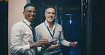 Portrait, tablet and men in server room, hardware upgrade and teamwork with engineering. IT specialist, people or employees with tech, data center or inspection with system solution or cyber security
