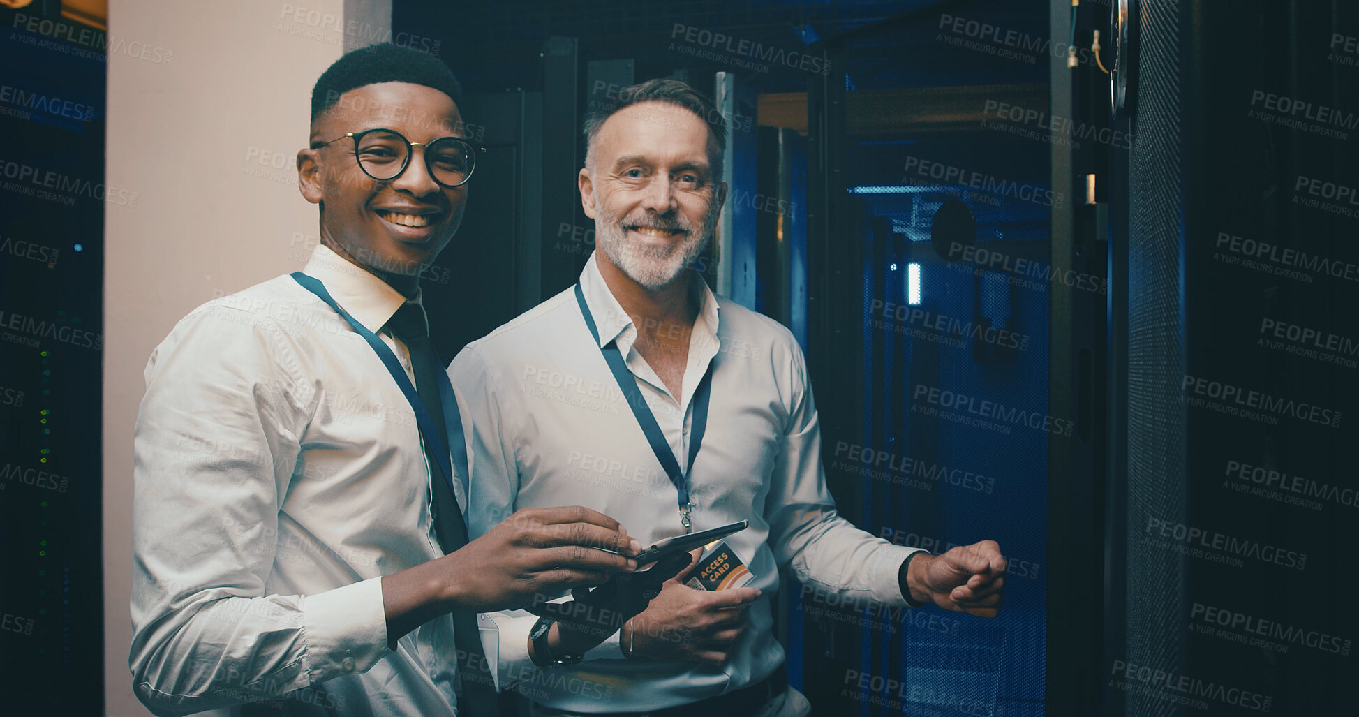 Buy stock photo Portrait, tablet and men in server room, hardware upgrade and teamwork with engineering. IT specialist, people or employees with tech, data center or inspection with system solution or cyber security