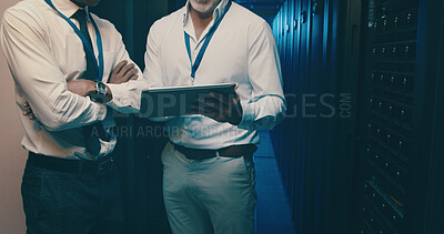 Buy stock photo Server room, tablet and hands of men for IT support, database backup and cybersecurity. Meeting, hardware and workers on digital tech for system maintenance, online diagnostics and technical service